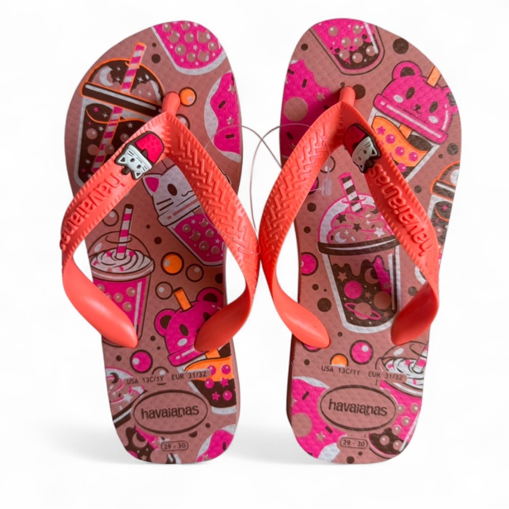 Havaianas Kids Flip Flops Pink and Brown Cats Size 13C/1Y Toddler Summer Beach